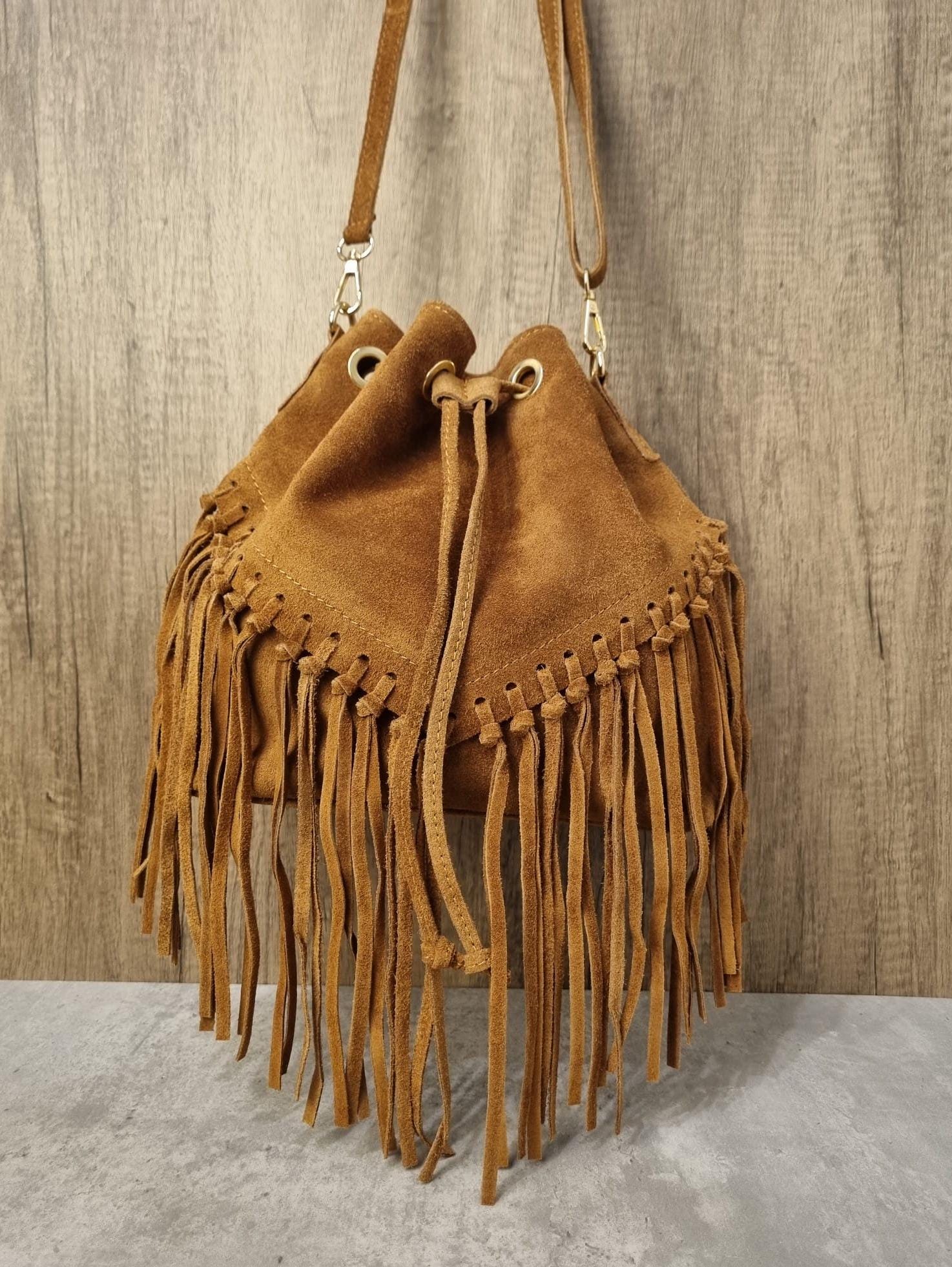 Italian Real Suede Leather Brown Fringe Tassel Crossbody Bag