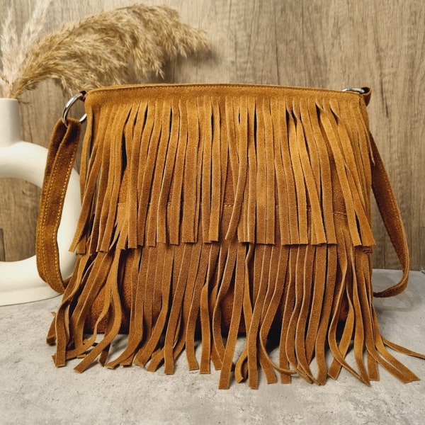 Soft Real Suede Leather Brown Fringe Tassel Crossbody Bag/ Suede Leather Tan Shoulder bag Fringe bags/ Brown Suede Bags Gifts for her