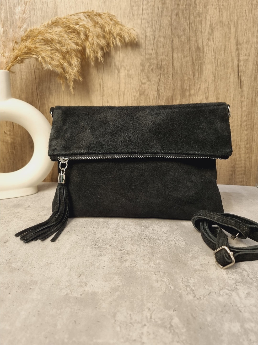 Talika Suede Belted Detail Crossbody Bag Black