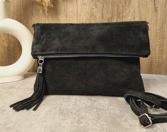 Real Suede Leather Black Tassel Crossbody Bag: Evening Shoulder Purse