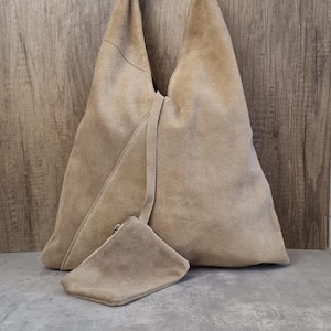 Faux Leather Trim Suede Effect Hobo Bag