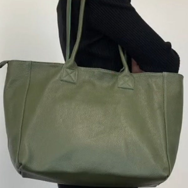 Grand sac fourre-tout vert olive en cuir véritable/Sac souple vert foncé/Sac à main hobo vert kaki/Sac à bandoulière en cuir/Sac de bureau