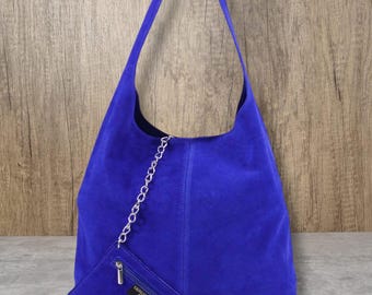 Bolso tote de piel de ante azul rey: bolso hobo holgado color cobalto