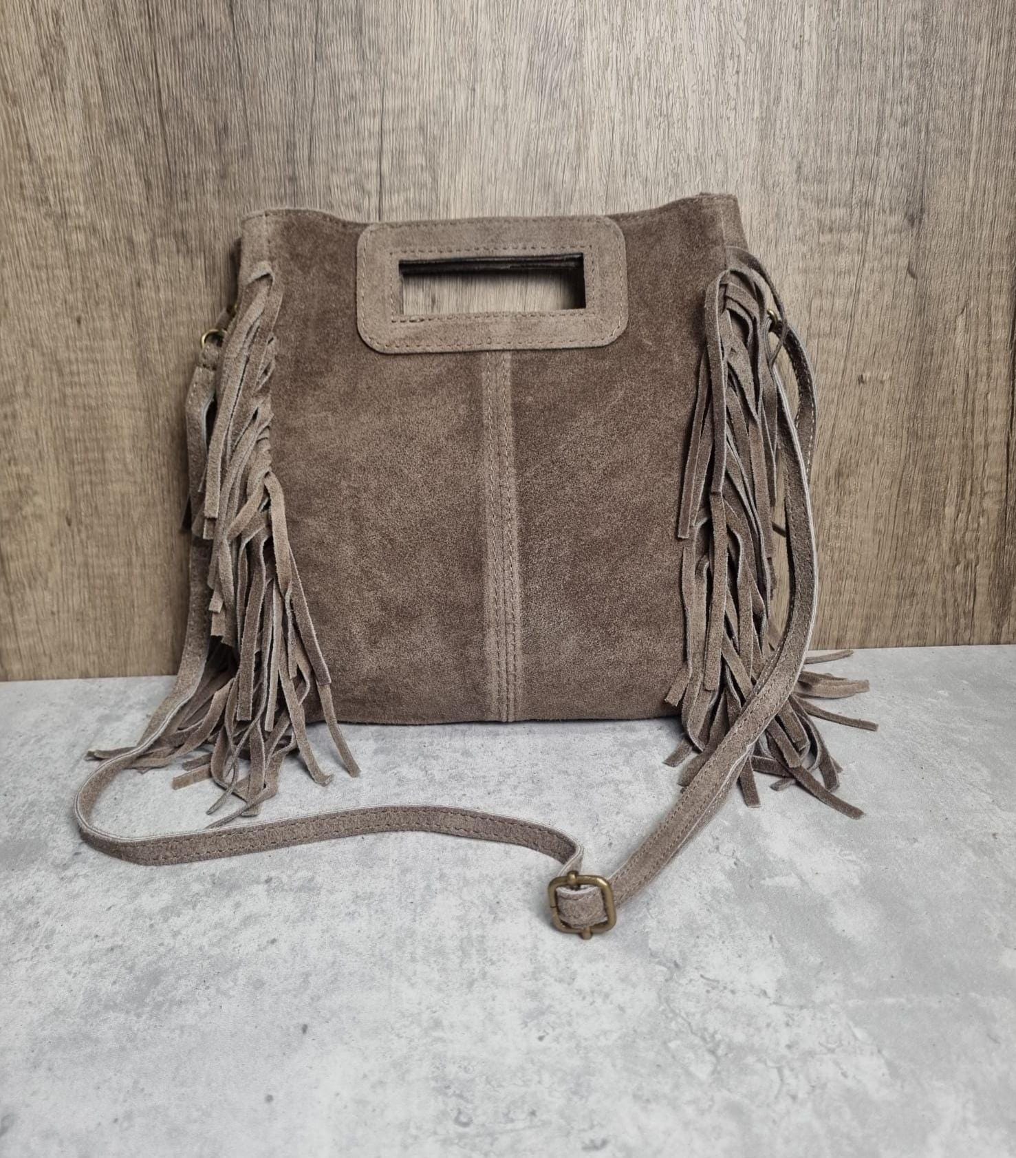 Genuine Suede Leather Fringe Crossbody Bag Dark Taupe Tassel