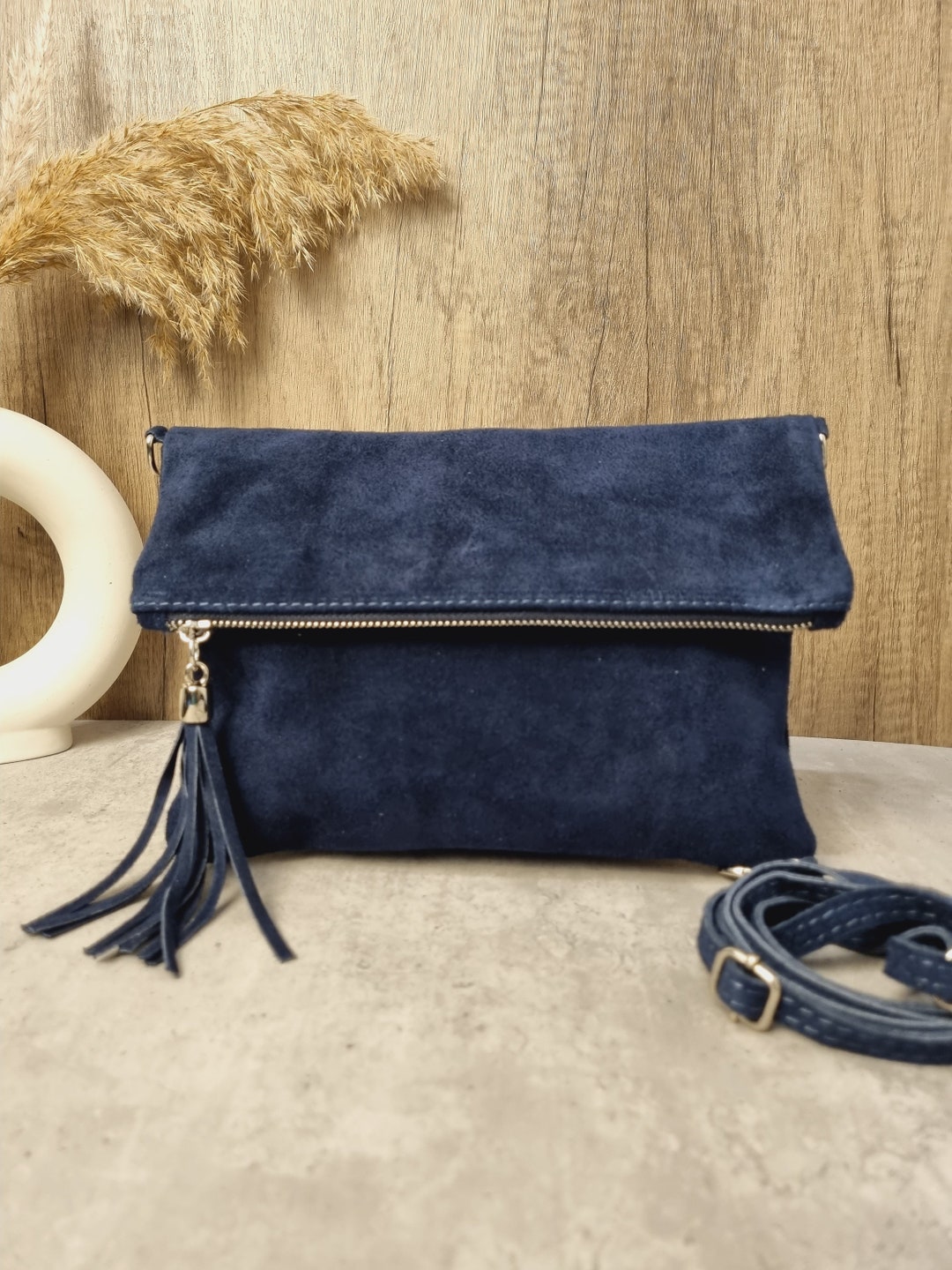 Real Suede Leather Navy Tassel Crossbody Bag: Dark Blue Shoulder
