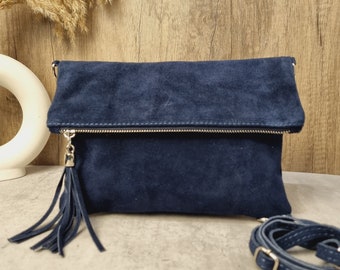 Real Suede Leather Navy Tassel Crossbody Bag: Dark Blue Shoulder Bag