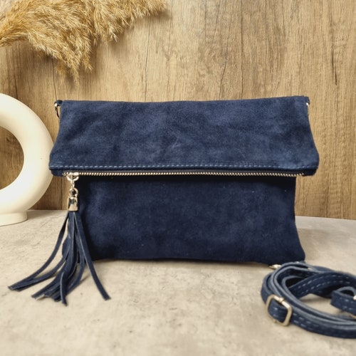 Real Suede Leather Navy Tassel Crossbody Bag: Dark Blue Shoulder