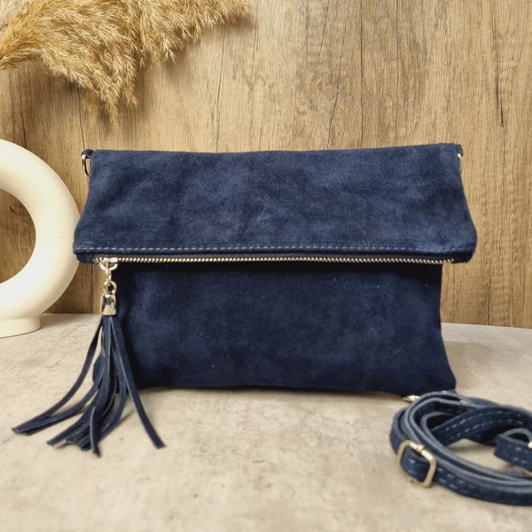 Real Suede Leather Navy Tassel Crossbody Bag/ Suede Leather Dark Blue Shoulder bag/Blue Evening Bag/Navy Blue Purse Gifts for her