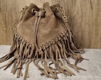 Italian Suede Leather Fringe Crossbody Bag: Beige Tassel Shoulder