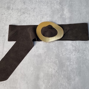 Real Suede Chocolate Brown Obi Belt: Gold Buckle Dress Belt image 1