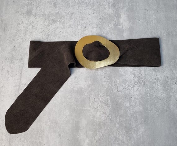 Real Suede Chocolate Brown Obi Belt: Gold Buckle Dress Belt