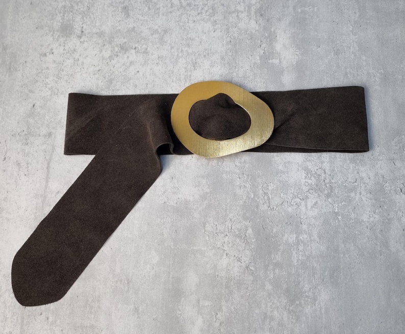 Real Suede Chocolate Brown Obi Belt: Gold Buckle Dress Belt image 1