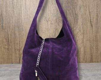 Sac hobo en cuir suédé véritable : fourre-tout souple violet avec porte-monnaie