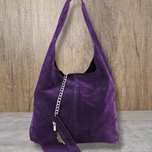Real Suede Leather Hobo Bag: Purple Slouch Tote With Coin Purse - Etsy