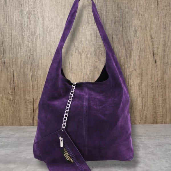 Real Suede Leather Hobo Bag: Purple Slouch Tote with Coin Purse