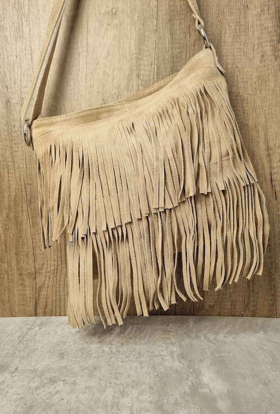Soft Real Suede Leather Beige Fringe Tassel Crossbody Bag