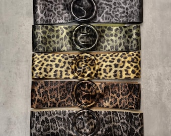 Real Leather Leopard Print Wide Waist Belt With Gold Buckle  display picture 1