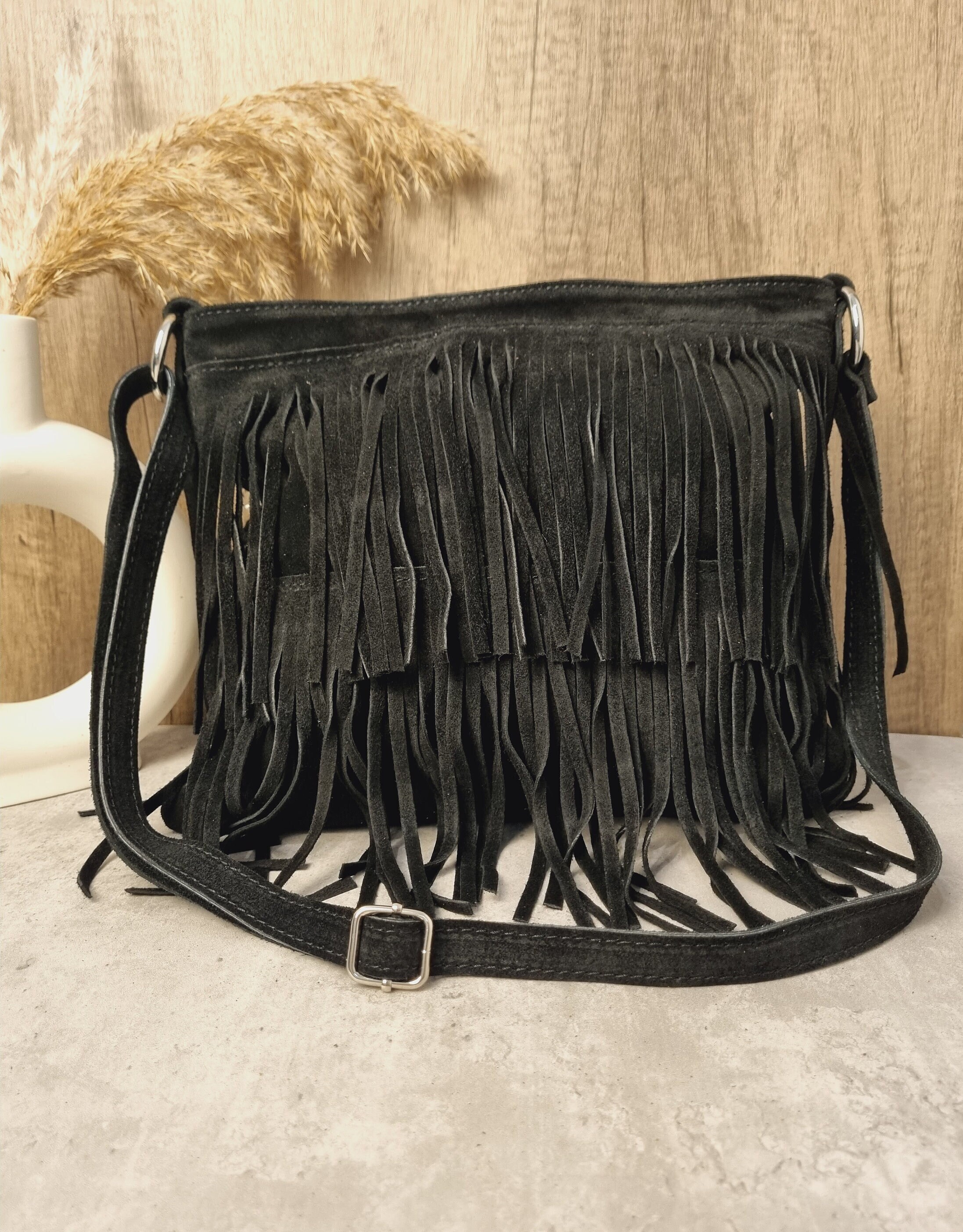Black Leather Tote Bag with Tassels |