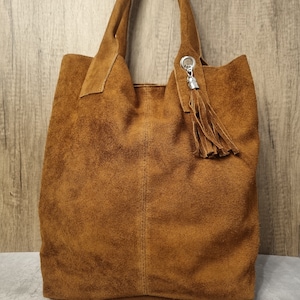 Real Suede Leather Brown Tote bag Tan Slouch Bag Brown Hobo Handbag Suede Leather Shoulder bag Tassel Laptop Bag Office bag For Women