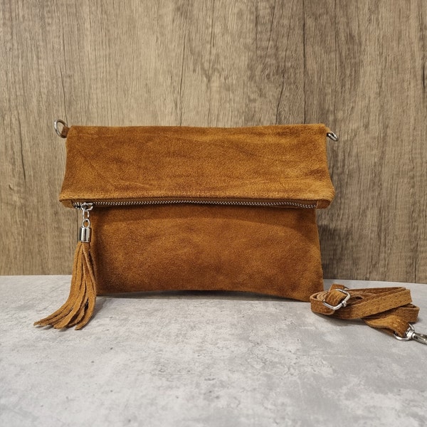 Sac à bandoulière marron en cuir suédé véritable/Sac à bandoulière marron clair en cuir suédé/sac de soirée marron/sac à main marron Cadeaux pour elle