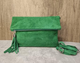 Grüne Wildleder Umhängetasche: Schultertasche mit Quaste