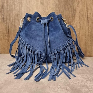 Denim Blue Suede Fringe Crossbody Bag: Italian Leather Tassel Shoulder Bag