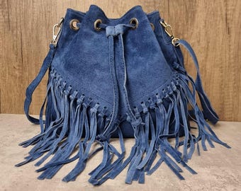 Bolso bandolera de ante azul vaquero con flecos: bolso de hombro de piel italiana con borlas