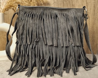 Soft Real Suede Leather Grey Fringe Tassel Crossbody Bag/ Suede Leather Grey Shoulder bag Fringe bags/ Grey Suede Bags Gifts for her