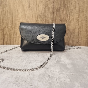 Real Leather Twist Lock Black Evening Purse/Black Crossbody Bag/Black party bag/Black Leather Shoulder Bag/Black Handbag/Black Clutch Bag