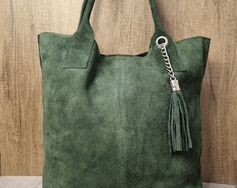Suede Leather Green Tote bag Forest Green Slouch Bag Green Hobo Handbag Suede Leather Shoulder bag Tassel Laptop Bag Office bag For Women