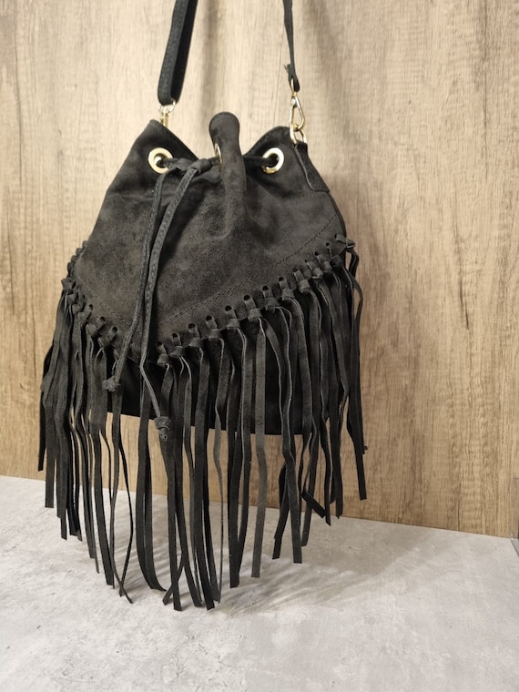 Italian Real Suede Leather Black Fringe Tassel Crossbody Bag