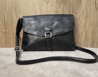 ◆LEE◆ Vegan Leather Long Strap Bag Black Vegan Leather Black Satchel Bag, Black Crossbody Bag, Black