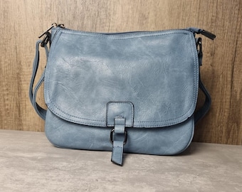 Vegan Leather Denim Blue Crossbody Satchel Bag