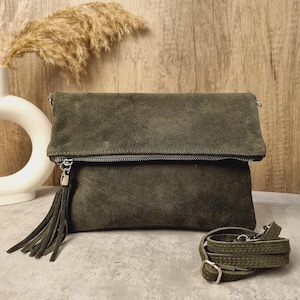 Olive Green Suede Leather Crossbody Bag with Tassel