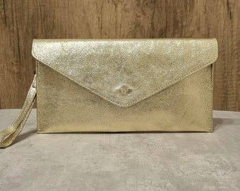 Bolso de mano de piel dorada metalizada: bolso de fiesta italiano de noche