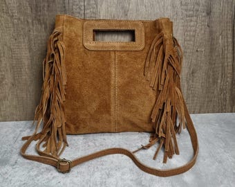Sac à bandoulière en cuir suédé véritable à franges Sac à bandoulière marron fauve à pampilles