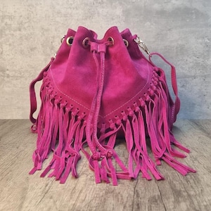 Real Suede Leather Fuchsia Fringe Tassel Crossbody Bag/ Suede Leather Hot Pink Shoulder bag/ Fuchsia Suede Bags Magenta Bags Gifts for her