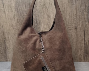 Real Suede Leather Hobo Bag: Taupe Slouch Tote with Purse
