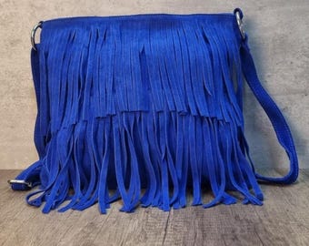 Bolso bandolera de ante azul rey con flecos: bolso de hombro con borlas