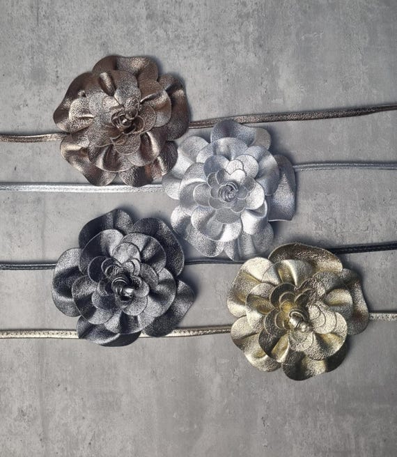 Real Leather Metallic Flower Belt - Gold, Silver, Bronze  display picture 2