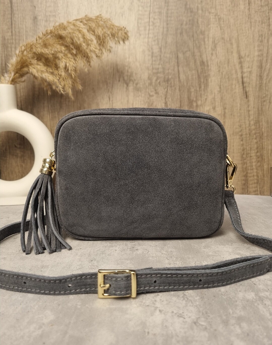 Dark Grey Suede Leather Tassel Crossbody Camera Bag Etsy