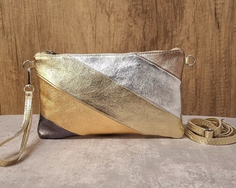 Metallic Real Leather Gold Clutch bag Gold Evening bag Gold Party Bag Gold Wristlet bag with 2 Straps Gold Shoulder Bag Bridal Clutch bag