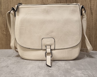Vegan Leather Crossbody Bag: Light Beige Satchel with Dark Silver Hardware