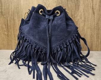 Italian Suede Leather Fringe Crossbody Bag - Navy Blue Tassel Shoulder Bag