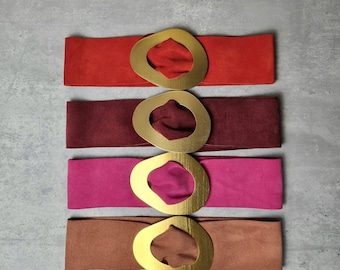Vintage red leather waist belt gold buckle Y2K wide statement belt 80s Red Wide Waist Belt | Gold Tone Metal Buckle Wide  main image 4