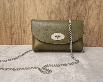 Real Leather Twist Lock Olive Green Evening Purse/Khaki Green Crossbody Bag/Green party bag/Dark Green Leather Shoulder Bag/Olive Clutch Bag