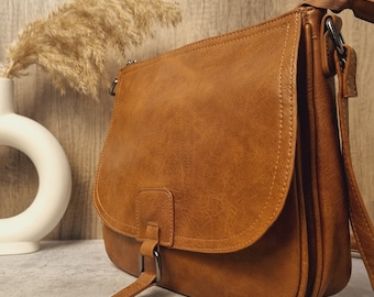 Tan Vegan Leather Crossbody Bag: Unisex Satchel Shoulder Bag
