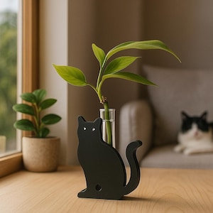 3D‑Printed Black Cat Propagation Stand | Modern Plant Cutting Holder with Glass Vial | Cat & Plant Lover Gift