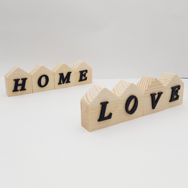 decorative wooden houses with HOME and LOVE inscriptions, room decoration object, gift for lovers