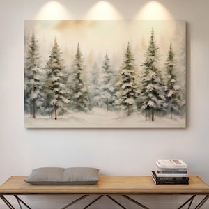 Decoração de parede com arte de inverno, arte de parede vintage de inverno, arte de parede extragrande, arte de parede em tela com pinheiros, decoração de parede em tela, arte de árvore de Natal